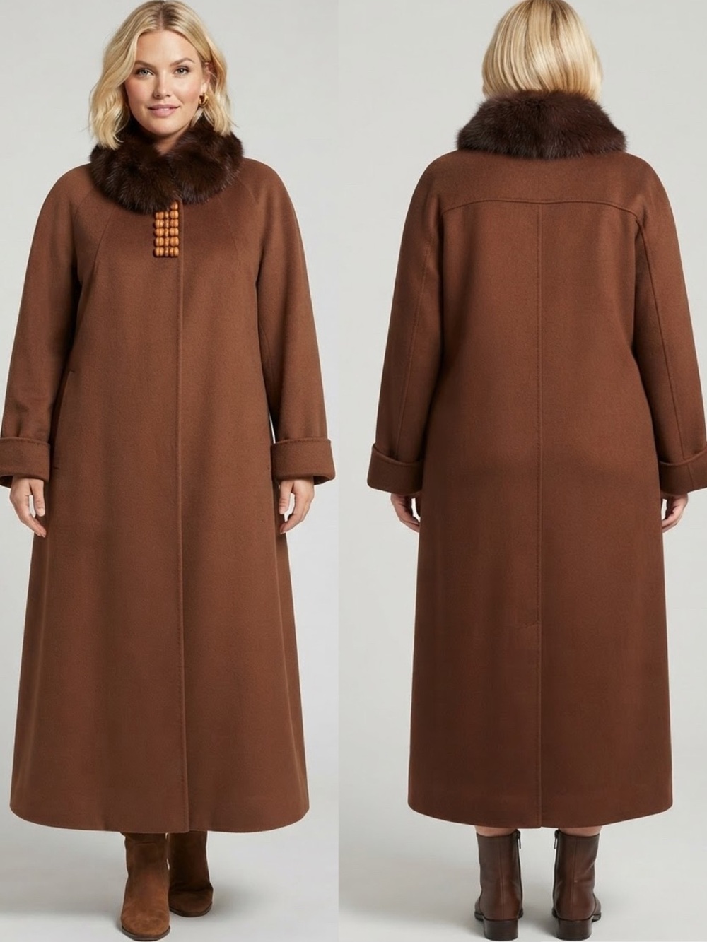 🔥$1200 NWT WOMEN PLUS‎ SIZE LONG COAT REAL RACCOON FUR OVERSIZED WOOL/CASHMERE